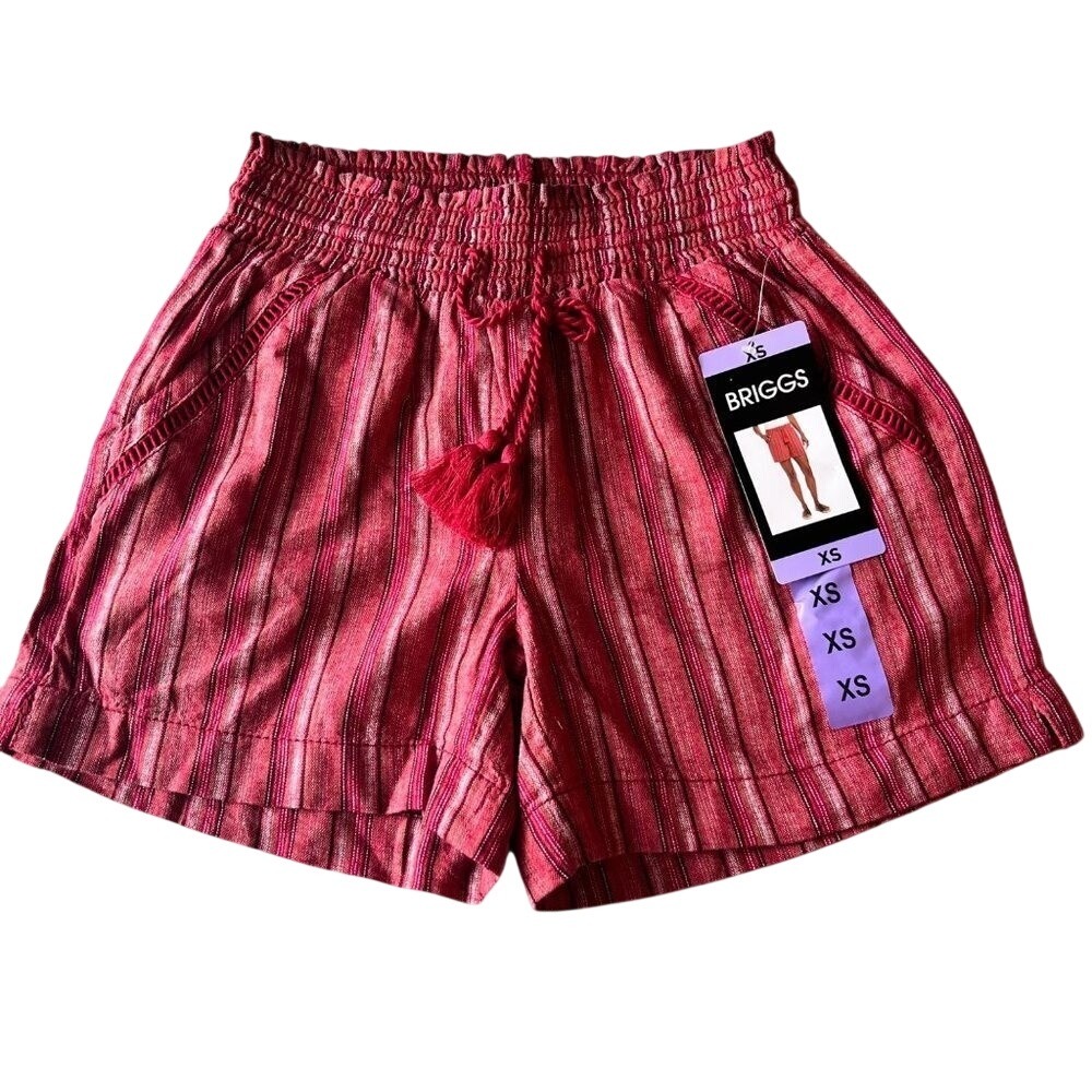 Briggs Striped‎ Shorts Womens Red Smocked Tassel Drawstring Linen Blend Size XS